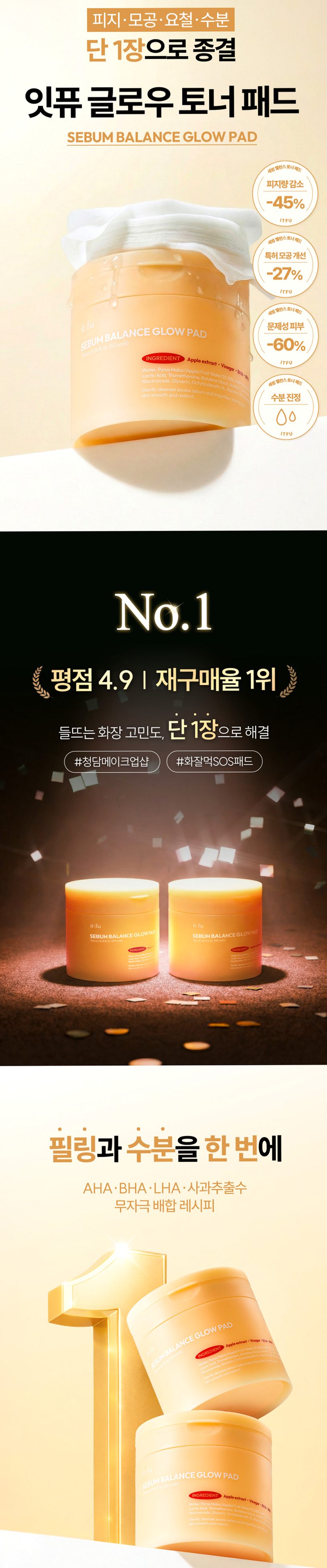 [요철제로 필링패드] 글로우 토너 패드 지우개 좁쌀 피지 모공 각질 아하 바하 60매, 2개